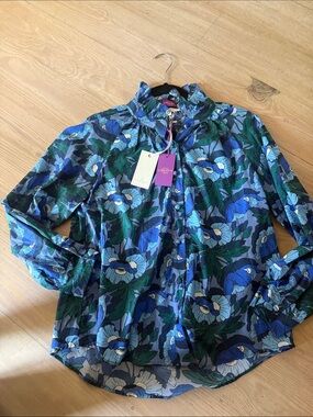 Laroque liberty blue and green floral ruffle-neck blouse, size s, NWT